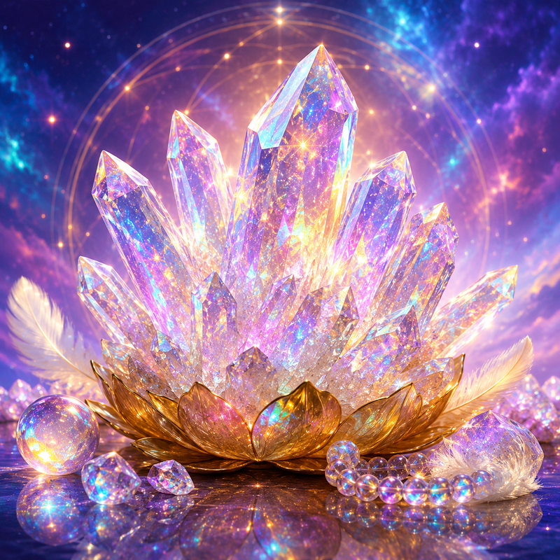 Colorful Angel Aura Quartz crystals on a golden lotus, surrounded by gemstones and feathers, glowing against a magical starry sky.