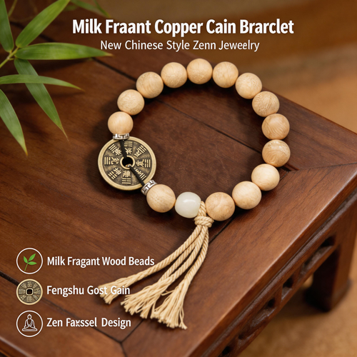 Wood bead zen bracelet with round bronze coin charm and cream tassel cord