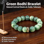 Imperial Green Bodhi Bracelet | Natural Carved Mantra & Zodiac Talisman