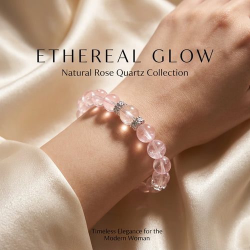 Rose quartz beaded bracelet with faceted clear accents on a wrist