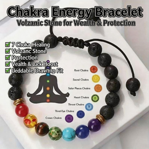 Black lava stone bead bracelet with colorful chakra beads on adjustable cord