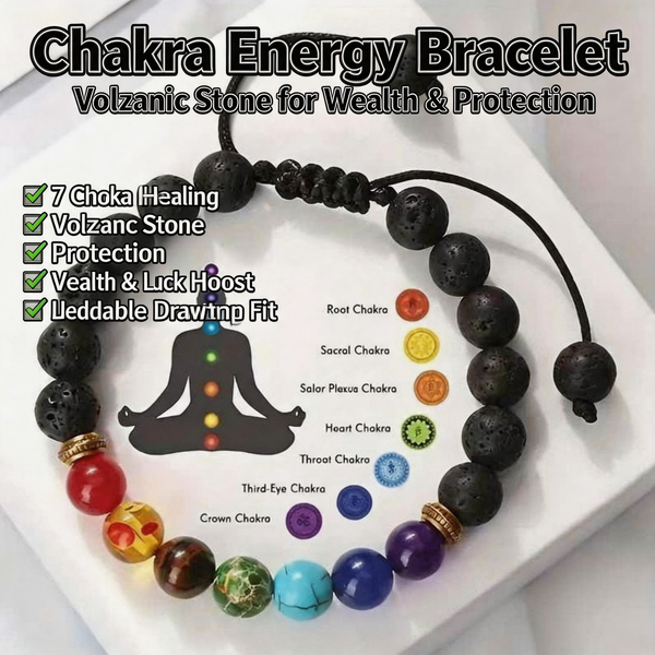 Black lava stone bead bracelet with colorful chakra beads on adjustable cord