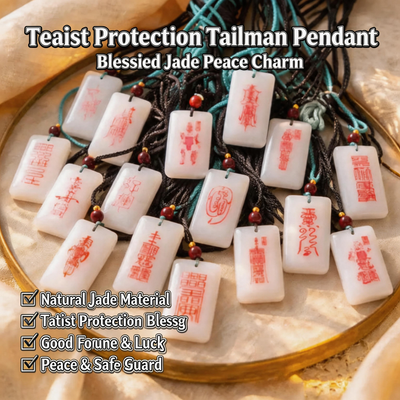 Taoist talisman pendant necklace with white jade-like pendants, red symbols, teal cords