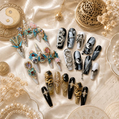 Luxury Black Gold Press On Nails – Oriental Talisman Nail Art | Handmade Reusable Nail Set
