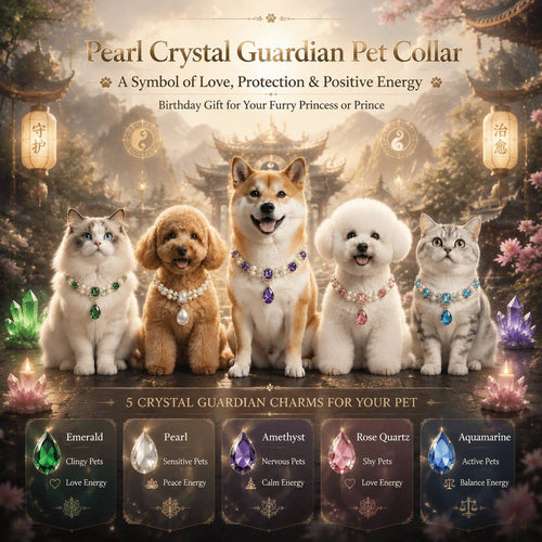 Foto grupal de mascotas mostrando collares guardianes de cristal perlado en múltiples colores de gemas.