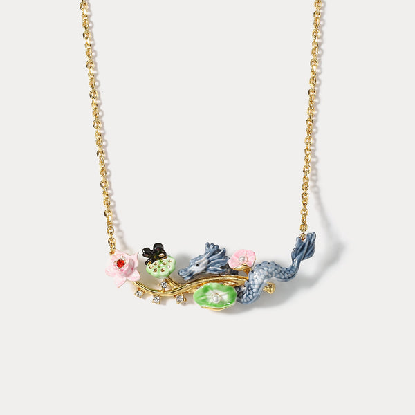 Temple-Blessed Dragon Cloisonné Lotus Necklace | 18K Gold