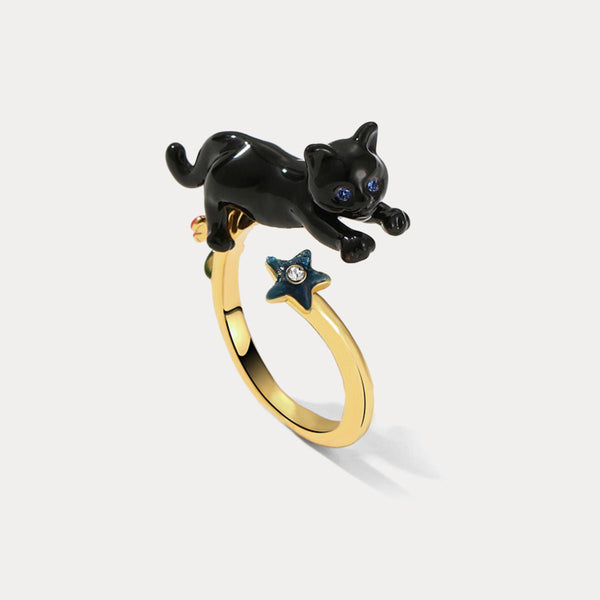 Wiaugem Black Cat Ring | Gothic Halloween Jewelry for Luck &amp; Protection
